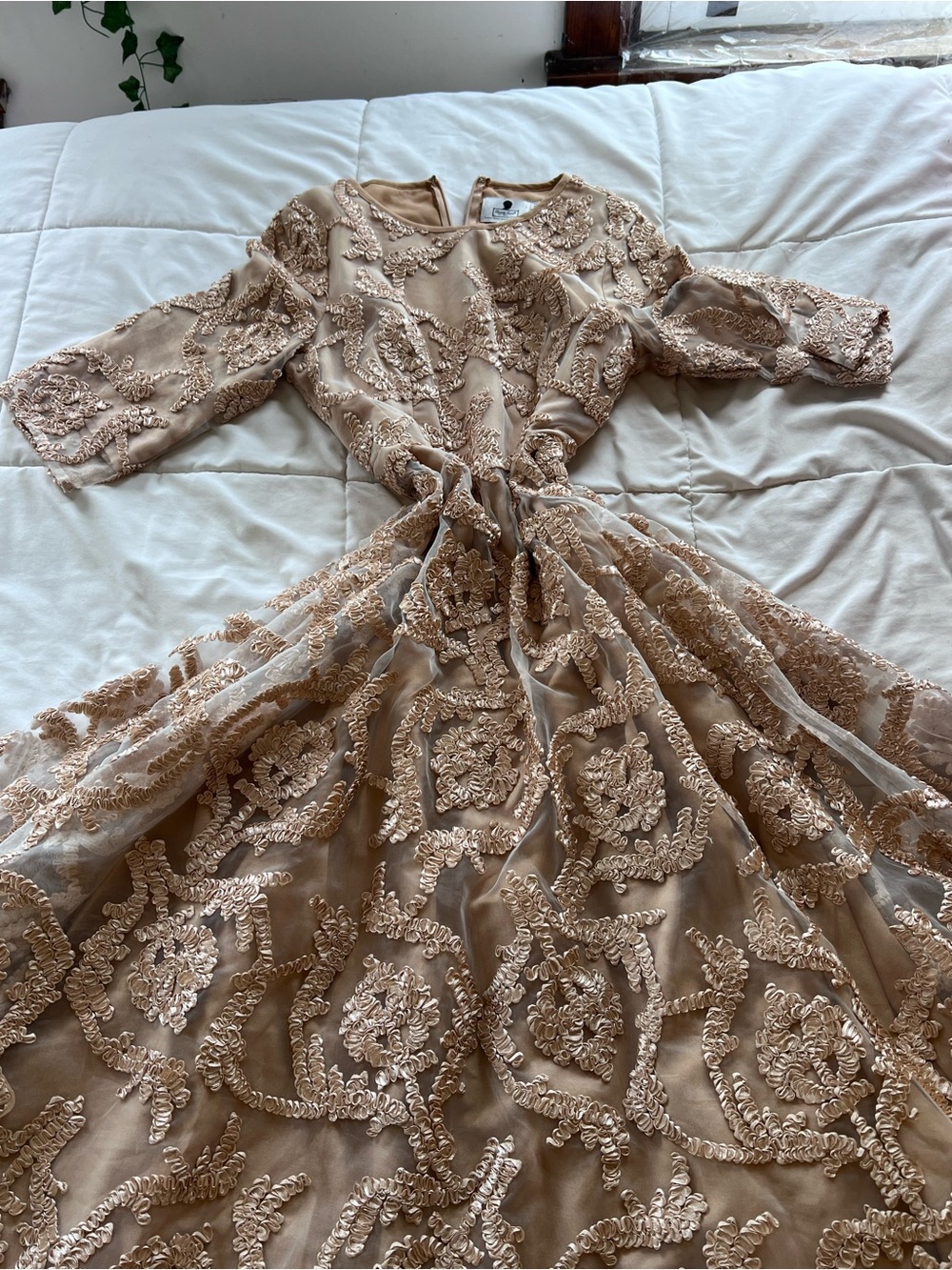 Dainty Jewells Embroidered Beige/Tan Lace Midi Dress